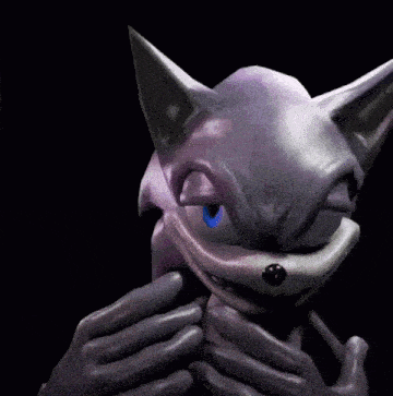 a close up of a cartoon character with blue eyes covering his face