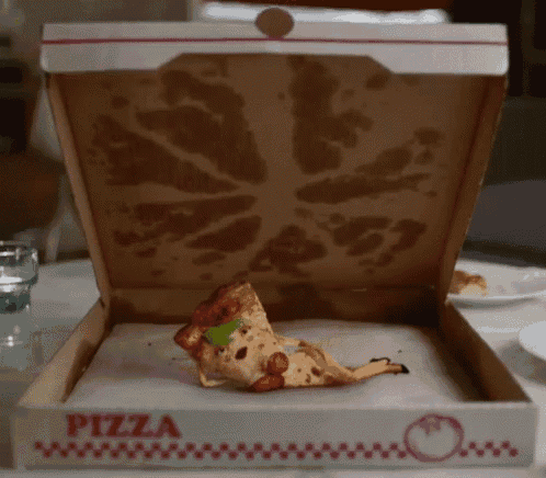 a pizza box with a slice of pizza inside of it