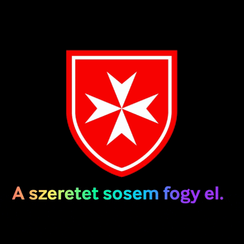 a red shield with a white cross and the words " a szeretet sosem fogy el "