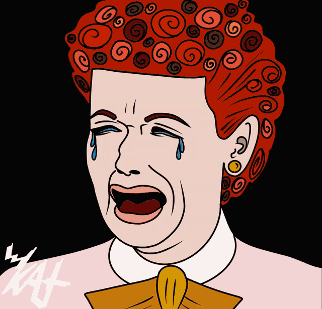 a cartoon drawing of a woman with red hair and a bow tie crying
