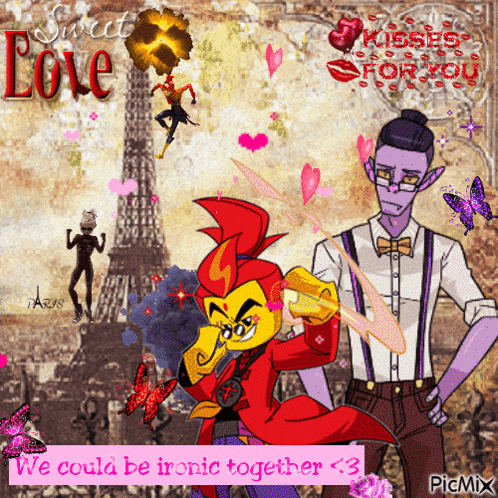 a couple of cartoon characters standing next to each other with the words " we could be iconic together "