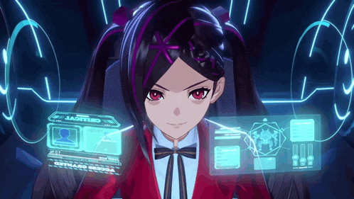 a girl in a red suit is sitting in front of a screen that says ' certified ' on it