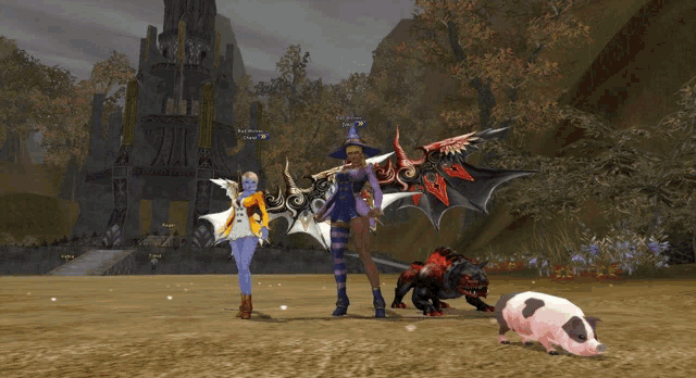 a witch and a demon are standing next to a pig in a game