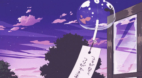 a cartoon drawing of a wind chime with a purple sky behind it