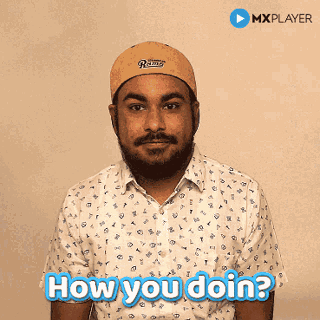 a man with a beard wearing a rams hat is asking how you doin