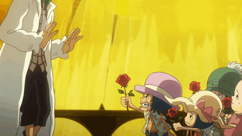 a man in a white coat is giving a rose to a group of children