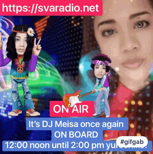 a cartoon of a woman playing a guitar with the words " it 's dj meisa once again on board " at the bottom