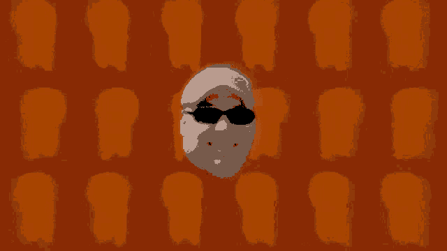 a man wearing sunglasses and a hat is surrounded by silhouettes of heads .