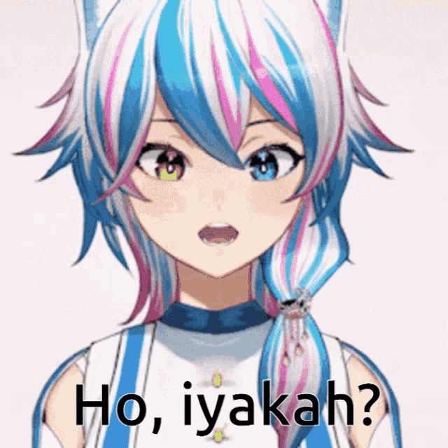 a girl with blue and pink hair says ho, iyakah?