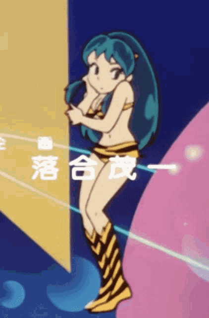a girl with blue hair is standing in front of a wall with chinese writing