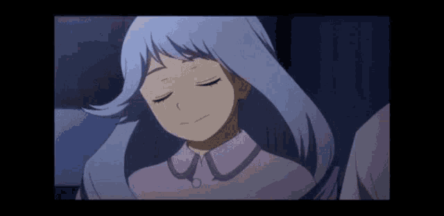a girl with long white hair is sleeping with her eyes closed in a cartoon .