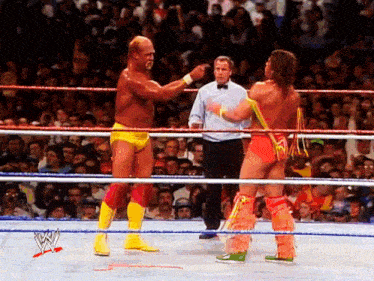 two wrestlers in a ring with a w logo