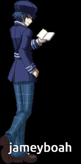 a pixel art of a man reading a book with the name jameyboah on the bottom right