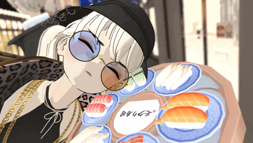 a cartoon drawing of a girl laying on a table with sushi