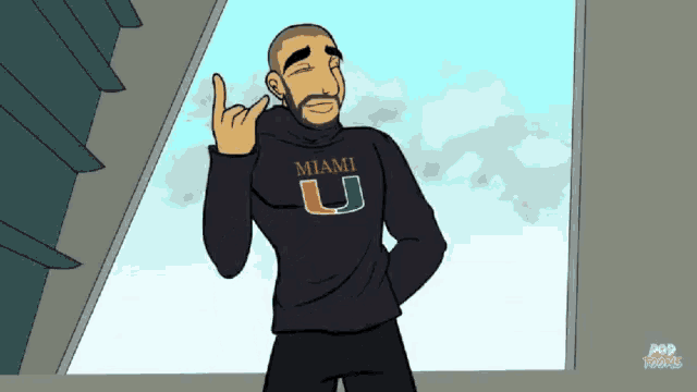 a cartoon of a man wearing a miami sweatshirt giving the middle finger