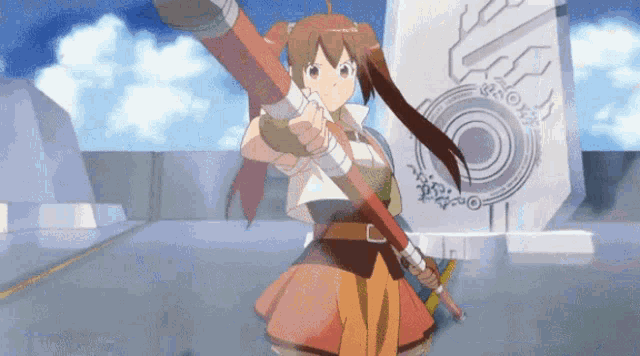 a girl is holding a sword in front of a sign that says ' a '