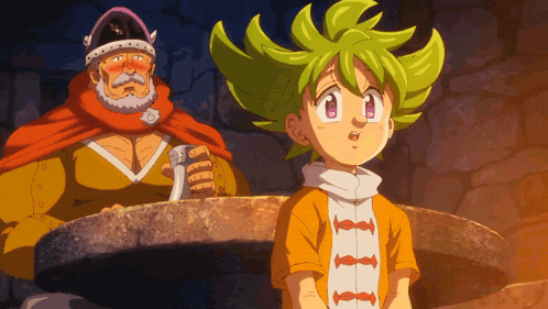 a cartoon character with green hair stands next to a man with a beard