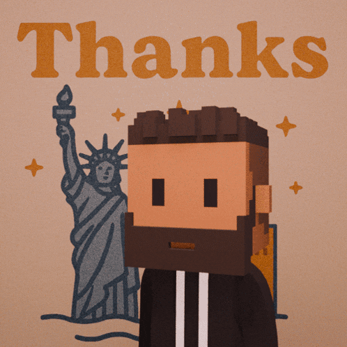 a man with a beard is standing in front of a statue of liberty and the word thanks
