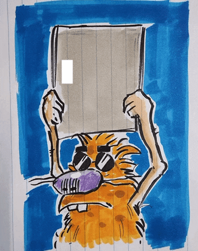 a drawing of a cat wearing sunglasses holding a cardboard box over its head