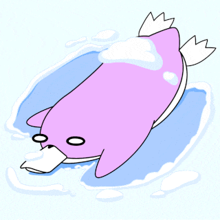 a cartoon drawing of a purple dolphin with white feathers