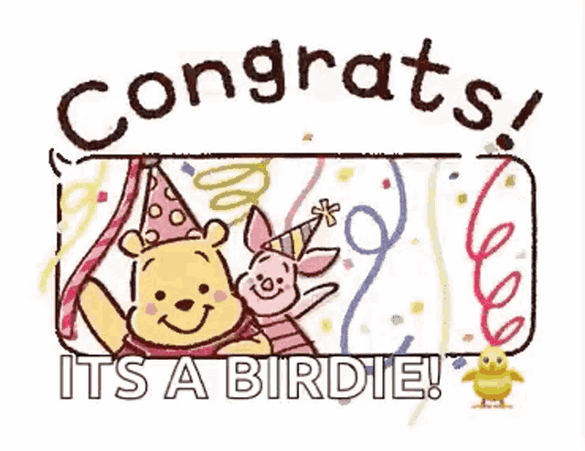 winnie the pooh , piglet , and piglet are celebrating a birthday with balloons and streamers .