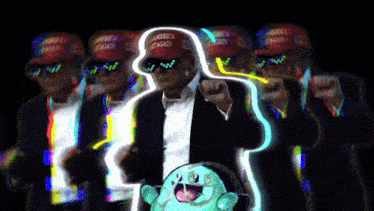 a man in a suit is wearing a hat that says america again
