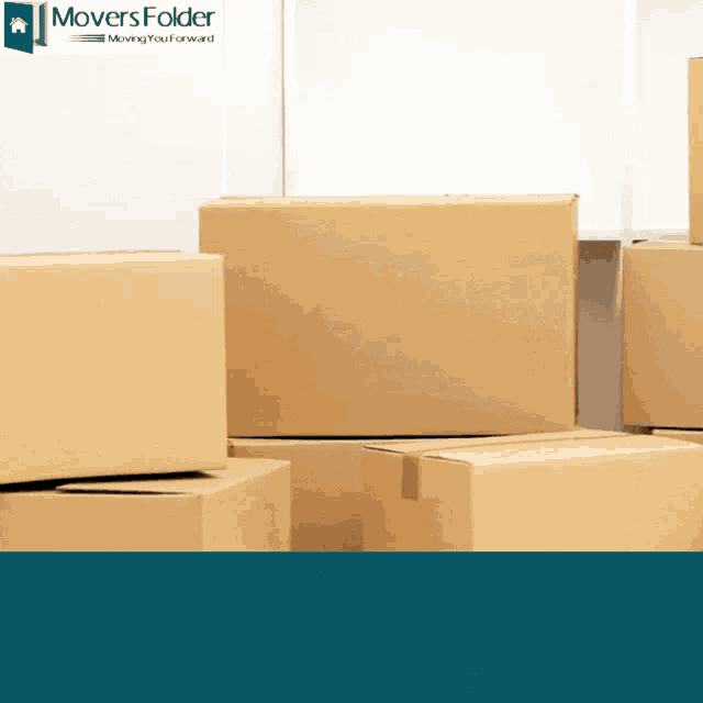 a bunch of cardboard boxes are stacked on top of each other with a movers folder logo in the corner