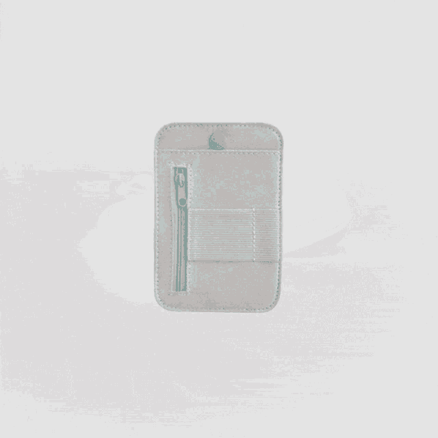 a grey wallet with a zipper and a strap on the side