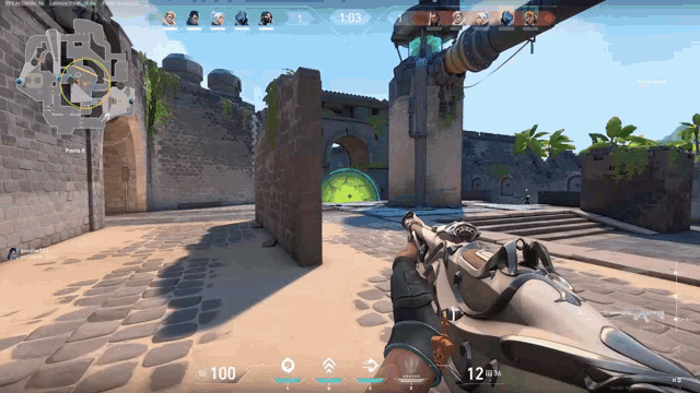 a person is holding a gun in a video game with 1:03 on the clock