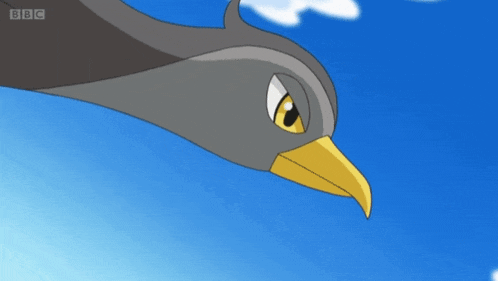 a bird with a yellow beak is flying in a blue sky with bbc written on the bottom