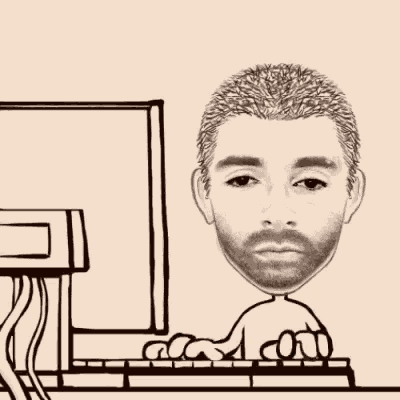 a black and white drawing of a man sitting at a desk in front of a computer .