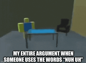 a roblox character is standing in a room with a table and a chair .