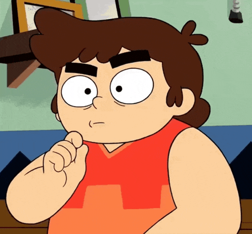 a cartoon character with brown hair and a red shirt with the letter h on it