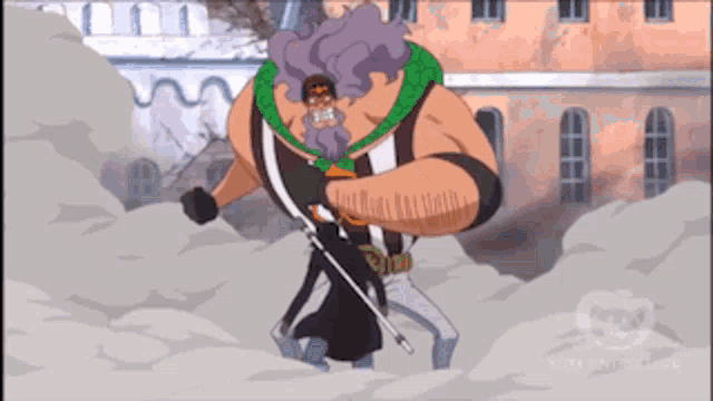 a cartoon of a man with a beard holding a sword in front of a building