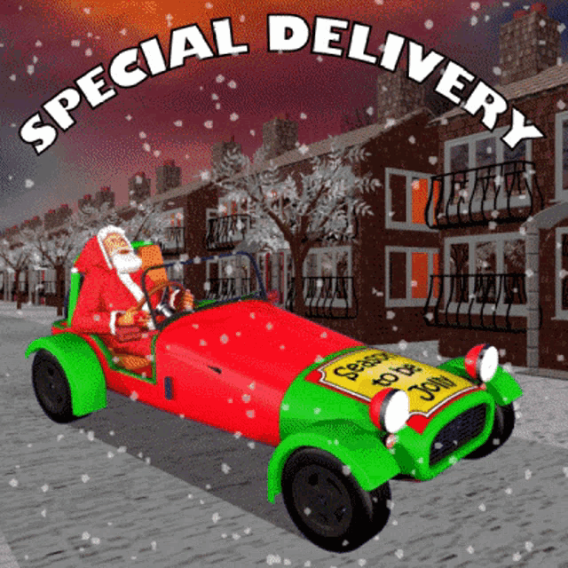 a cartoon of santa claus driving a red and green car with the words special delivery above him