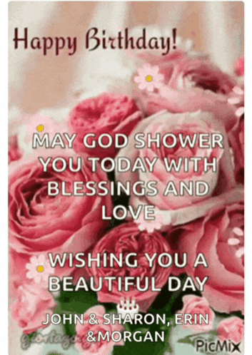 a happy birthday card with a bouquet of pink flowers