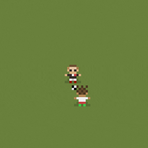 a pixel art of a man and a woman standing on a green field
