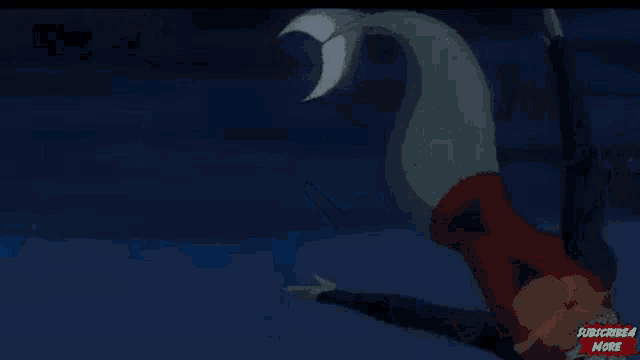 a cartoon character is doing a handstand on the ground in the dark .