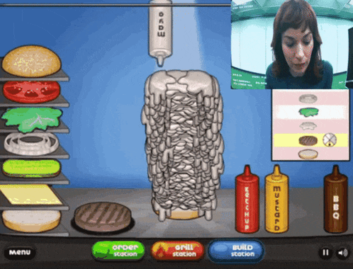 a screenshot of a video game called papa john 's with a woman in the background