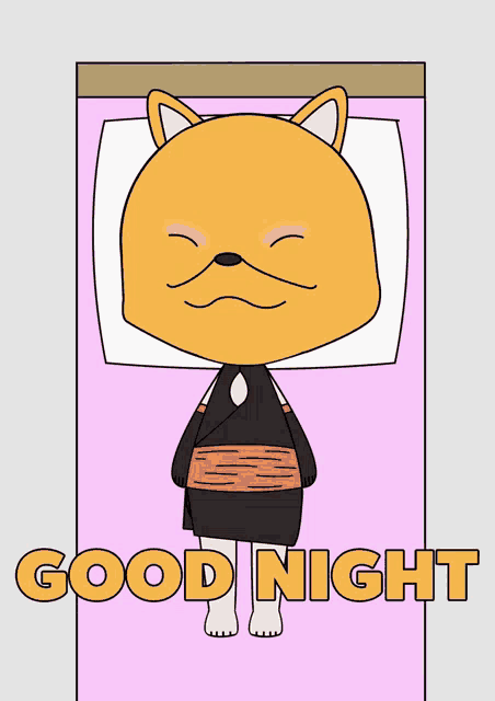 a cartoon of a cat laying on a bed with the words good night above it