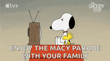 a cartoon of snoopy and woodstock sitting in front of a tv with the caption enjoy the macy parade with your family .