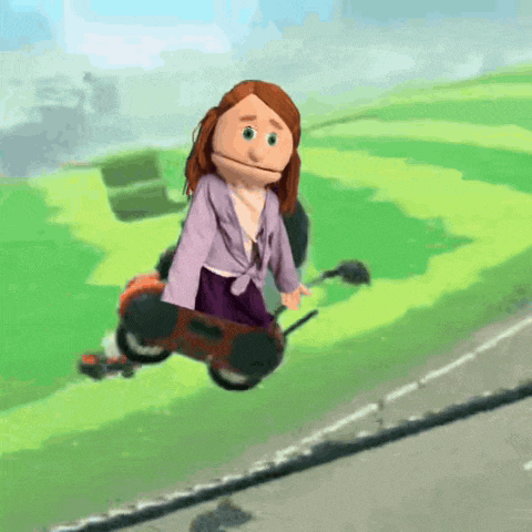 a cartoon doll is riding a scooter on a road