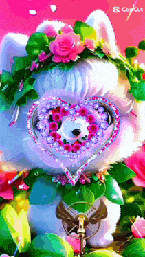 a picture of a stuffed animal with a heart and flowers on its face