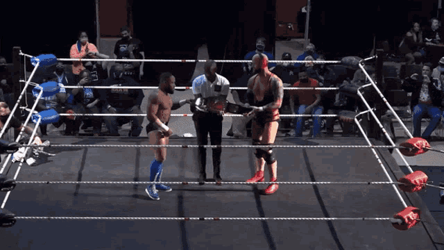 a man in a mask stands in a boxing ring with a referee in front of a crowd