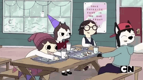 cartoon characters sitting at a picnic table with a sign that says your favorite food is the one in front of you