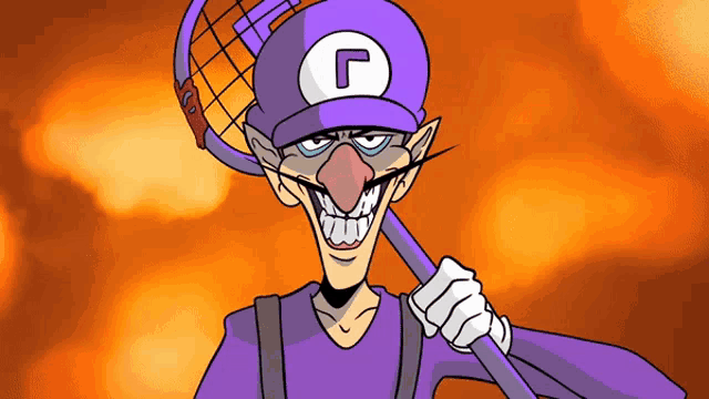 a cartoon of wario holding a tennis racquet with the letter l on it