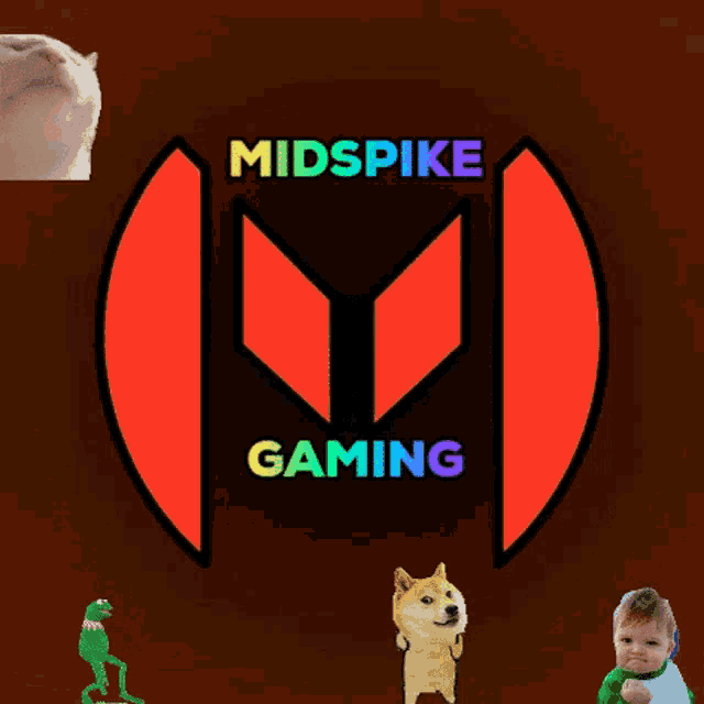 a frog a dog and a baby are in front of a logo for midspike gaming