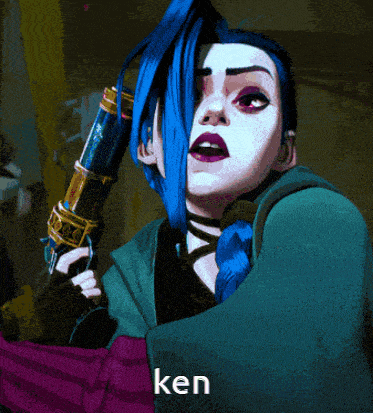 a girl with blue hair is holding a gun and the word ken is on the bottom right