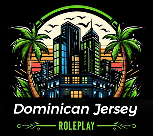 a logo for dominican jersey roleplay with palm trees and a city skyline