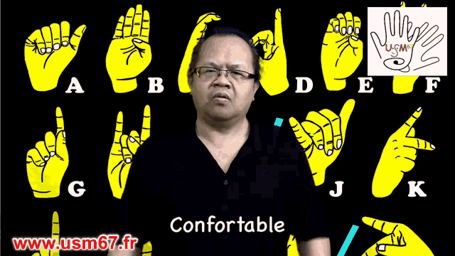 a man wearing glasses stands in front of a sign language poster which says confortable